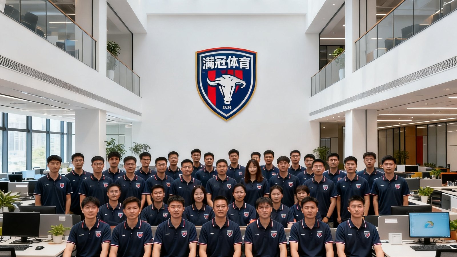 满冠体育杭州总部团队合影，超过100名员工在开放式办公区工作，背景墙上有球队队徽